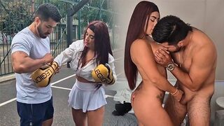 A girl is trying to get a membership in the gym, but the muscular trainer blocks her way