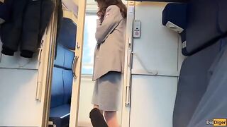 The cute girl was jerking on the train and was noticed by the conductor