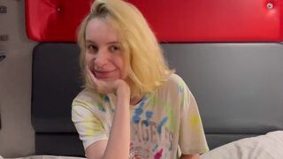 The girl gets wet between her legs, thinking about a cock
