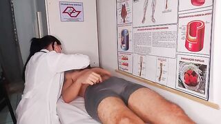 The doctor checked the patient’s condition with his tongue in a fake hospital setting
