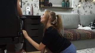 A cute girl in a yellow dress is asking for sex