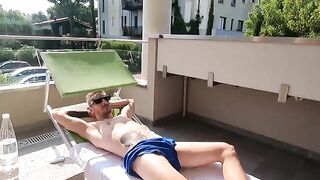 Italian slut has sex on the balcony of a seaside villa and swallows everything