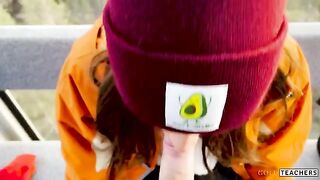 Naughty stranger seduced me for a blowjob on the mountain cableway and asked to finish in my mouth