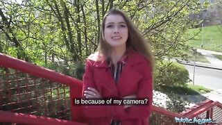 Nervous brunette babe gets fucked through a gloryhole for cash with Public Agent