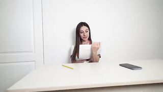 The student drew a dick and got a load on her creamy pussy